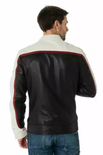 Men's white & black shoulder  genuine lambskin  leather jacket-café racer