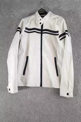 Men's white & black shoulder genuine leather jacket-café racer strip black