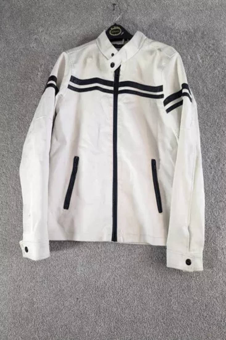 Men's white & black shoulder genuine leather jacket-café racer strip black