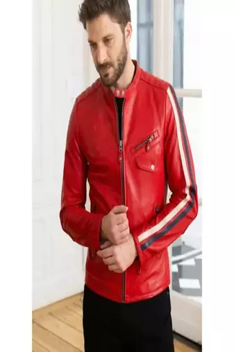 Red café racer quilted shoulder lambskin leather jacket