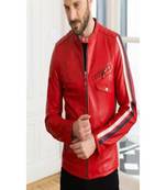 Red café racer quilted shoulder lambskin leather jacket