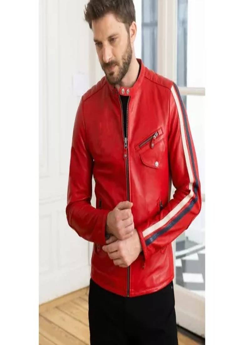 Red café racer quilted shoulder lambskin leather jacket