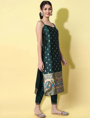 green fancy cotton silk kurta set 3