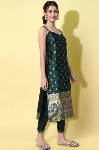 green fancy cotton silk kurta set