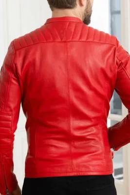 Red café racer quilted shoulder lambskin leather jacket 2