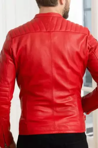 Red café racer quilted shoulder lambskin leather jacket