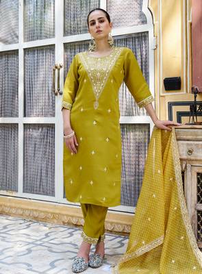 yellow fancy silk blend kurta set 2