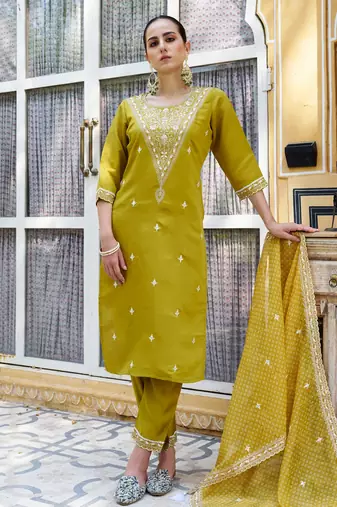 yellow fancy silk blend kurta set