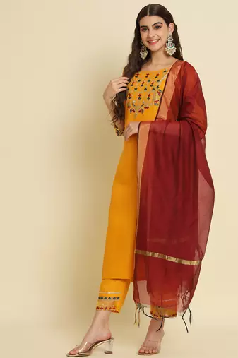 yellow fancy silk blend kurta set