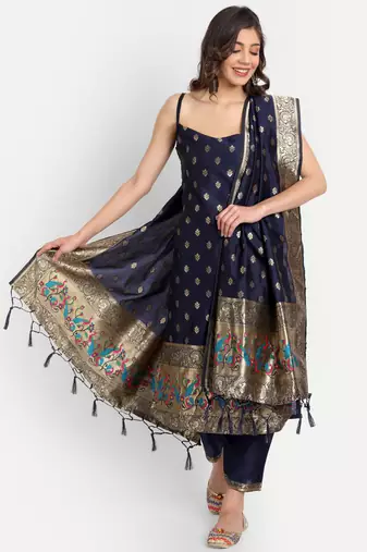 navy-blue fancy cotton silk kurta set