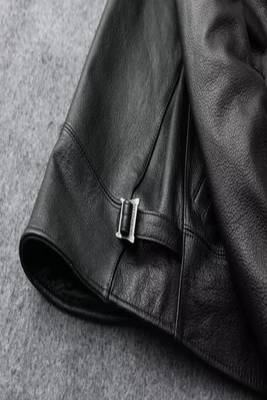 Men's cross pocket zip black lambskin leather jacket-side belt style fastion 2