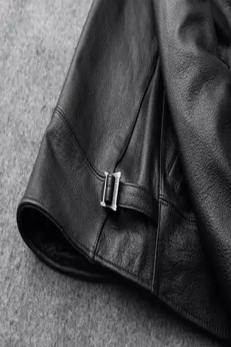 Men's cross pocket zip black lambskin leather jacket-side belt style fastion