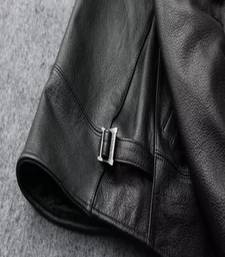 Men's cross pocket zip black lambskin leather jacket-side belt style fastion