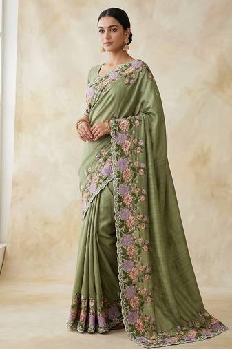 Mehndi Green Color  embroidery work  Silk Blend Saree
