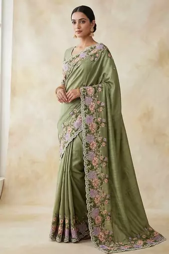 Mehndi Green Color  embroidery work  Silk Blend Saree