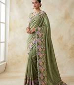 Mehndi Green Color  embroidery work  Silk Blend Saree