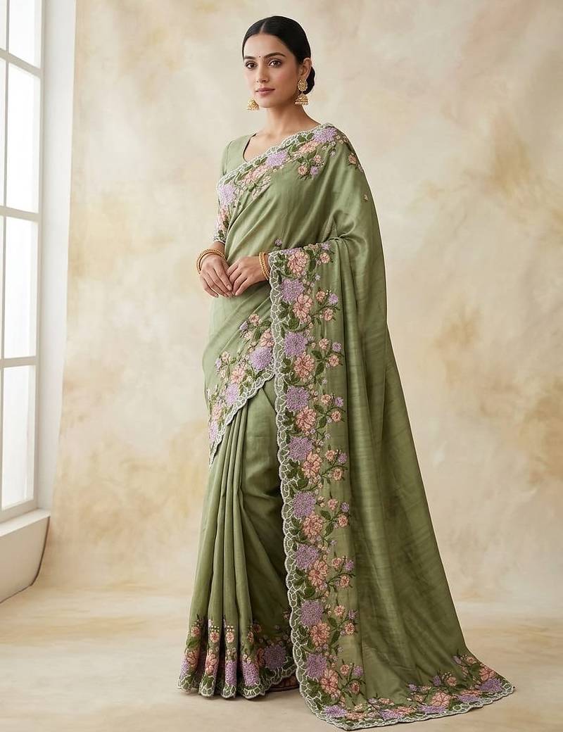 Mehndi Green Color  embroidery work  Silk Blend Saree