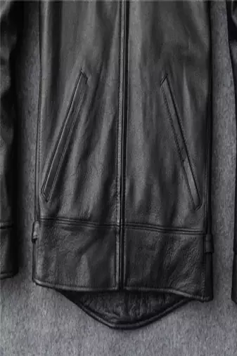 Men's cross pocket zip black lambskin leather jacket-side belt style fastion