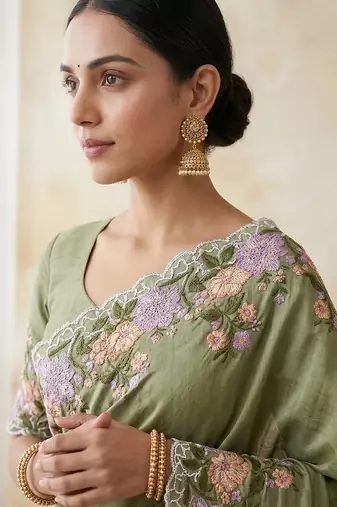 Mehndi Green Color  embroidery work  Silk Blend Saree