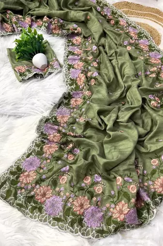 Mehndi Green Color  embroidery work  Silk Blend Saree