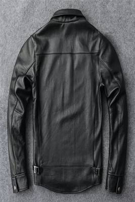 Men's cross pocket zip black lambskin leather jacket-side belt style fastion 4