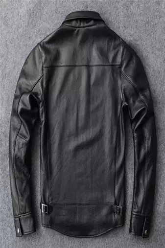 Men's cross pocket zip black lambskin leather jacket-side belt style fastion