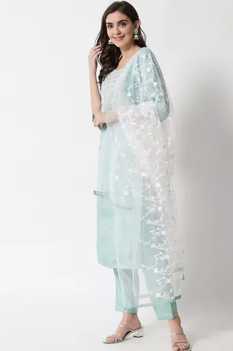 sky-blue fancy silk blend kurta set