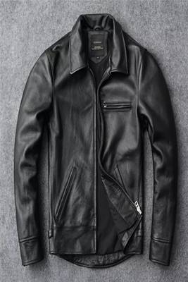 Men's cross pocket zip black lambskin leather jacket-side belt style fastion 1