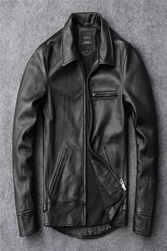 Men's cross pocket zip black lambskin leather jacket-side belt style fastion