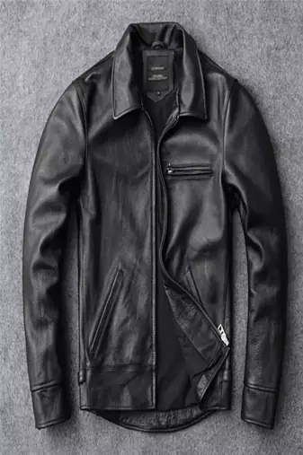 Men's cross pocket zip black lambskin leather jacket-side belt style fastion