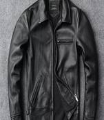 Men's cross pocket zip black lambskin leather jacket-side belt style fastion