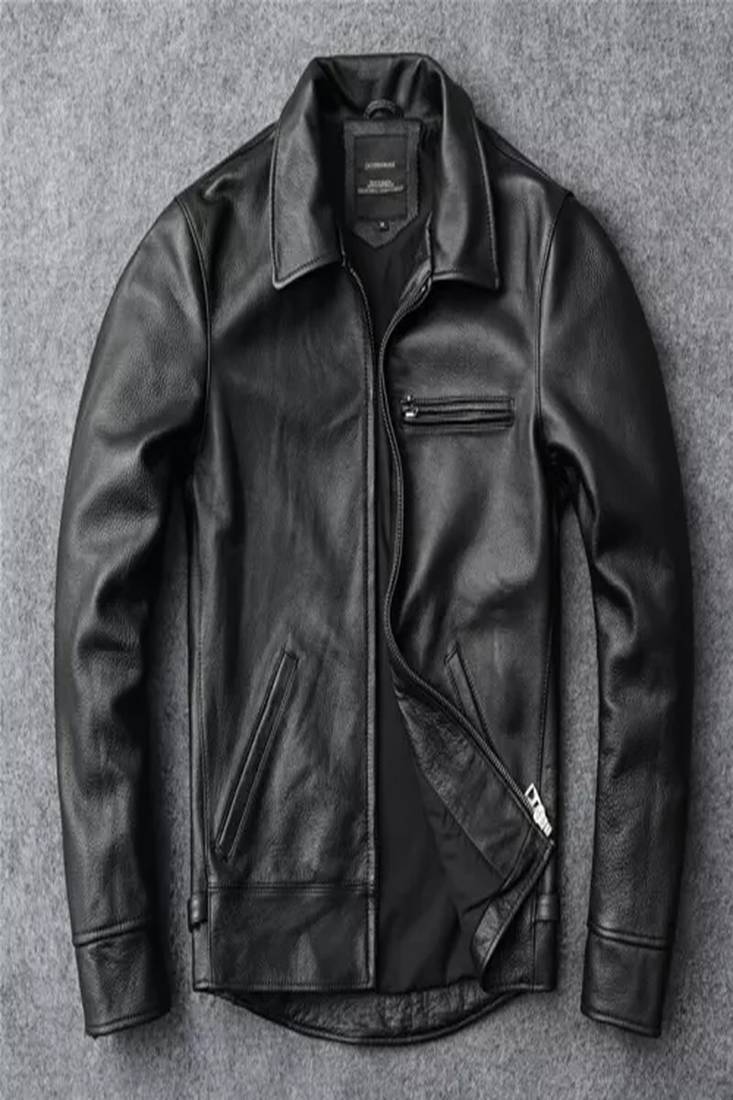 Men's cross pocket zip black lambskin leather jacket-side belt style fastion