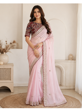 bbay pink embroidery with sequins silk saree 1