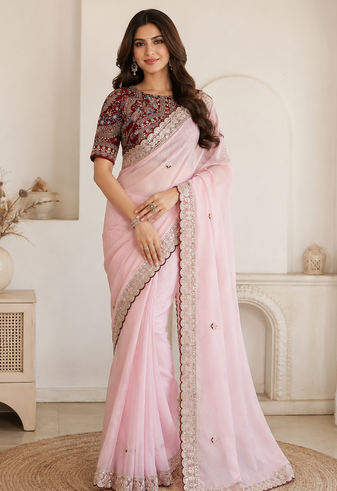 bbay pink embroidery with sequins silk saree