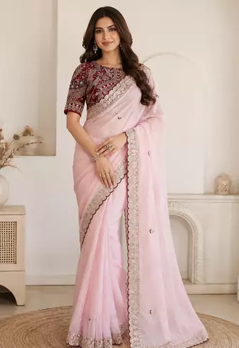 bbay pink embroidery with sequins silk saree