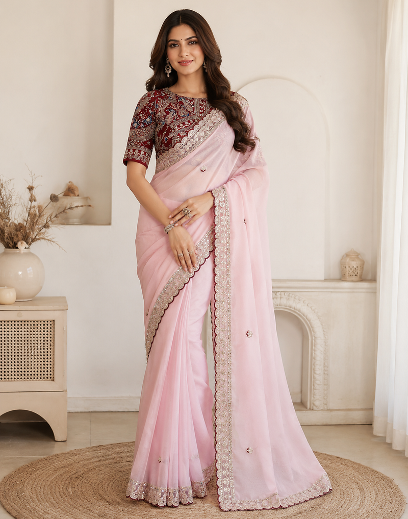 bbay pink embroidery with sequins silk saree