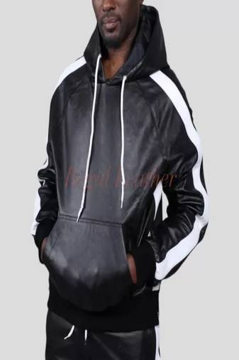 Men's black hoodie jacket with white stripe detail piping style fastion