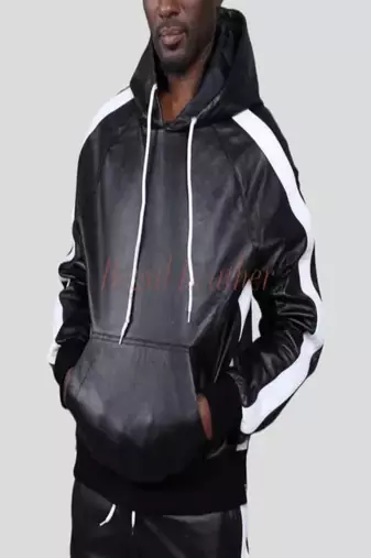 Men's black hoodie jacket with white stripe detail piping style fastion