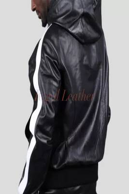 Men's black hoodie jacket with white stripe detail piping style fastion 3
