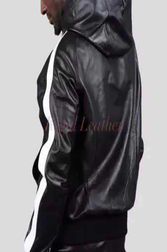 Men's black hoodie jacket with white stripe detail piping style fastion
