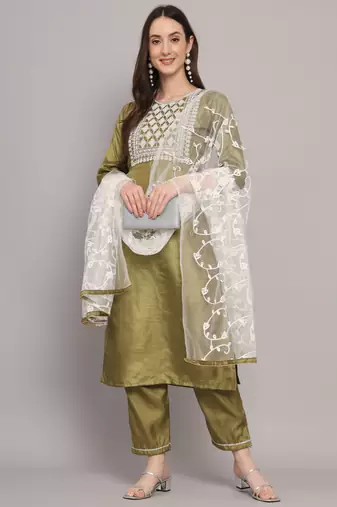green fancy silk blend kurta set