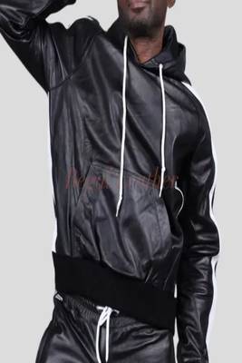 Men's black hoodie jacket with white stripe detail piping style fastion 4
