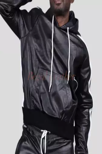 Men's black hoodie jacket with white stripe detail piping style fastion