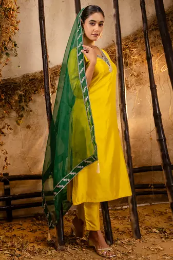 yellow fancy silk blend kurta set