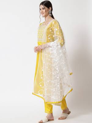 yellow fancy silk blend kurta set 3