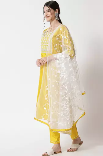 yellow fancy silk blend kurta set