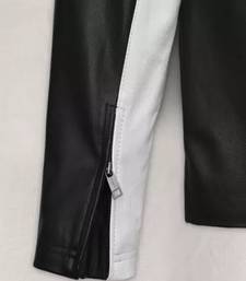 Black genuine lambskin leather jacket-stripes white  fashion style