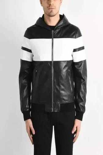 Black genuine lambskin leather jacket-stripes white  fashion style