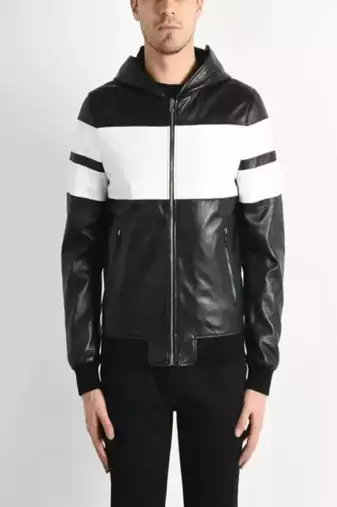 Black genuine lambskin leather jacket-stripes white  fashion style