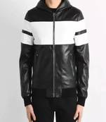 Black genuine lambskin leather jacket-stripes white  fashion style
